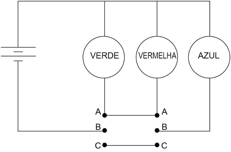 Alternativa E: diagrama original de Eletricidade — Circuitos — Interruptores Comutadores