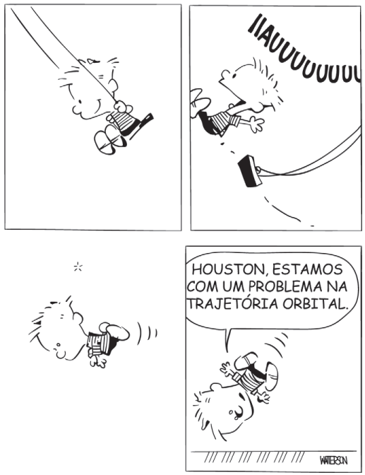 Tirinha de Calvin e Haroldo: Calvin se solta do balanço e cai no chão
