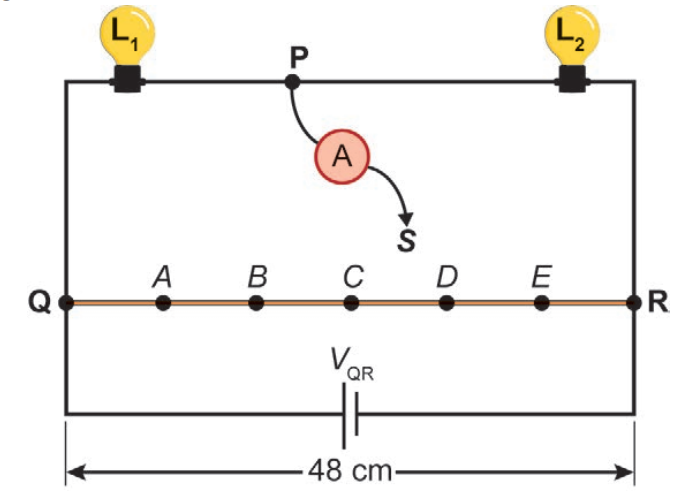 Circuito com lâmpadas L1 e L2, amperímetro e fio resistivo QR
