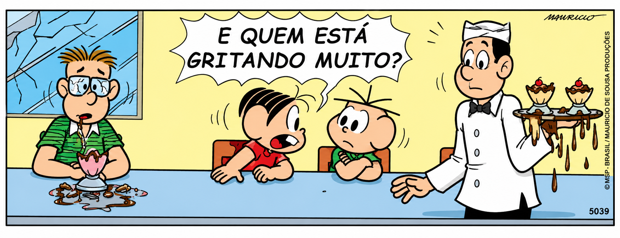 Tirinha da Turma da Mônica — Mônica grita e as taças de cristal se quebram