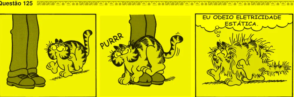 Tirinha de um gato se atritando com uma calça e ficando eletrizado