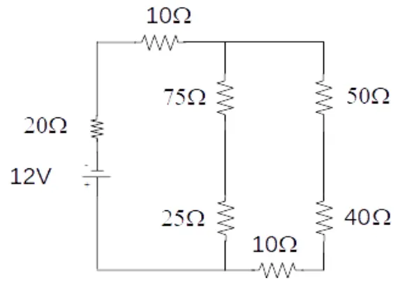 Circuito elétrico com fonte de 12V e malha de resistores (Figura 2)