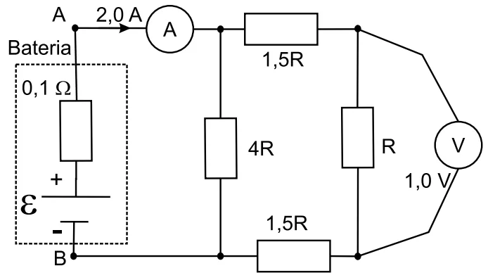 Circuito elétrico dos itens 112 e 113 com quatro resistores, bateria, amperímetro e voltímetro.