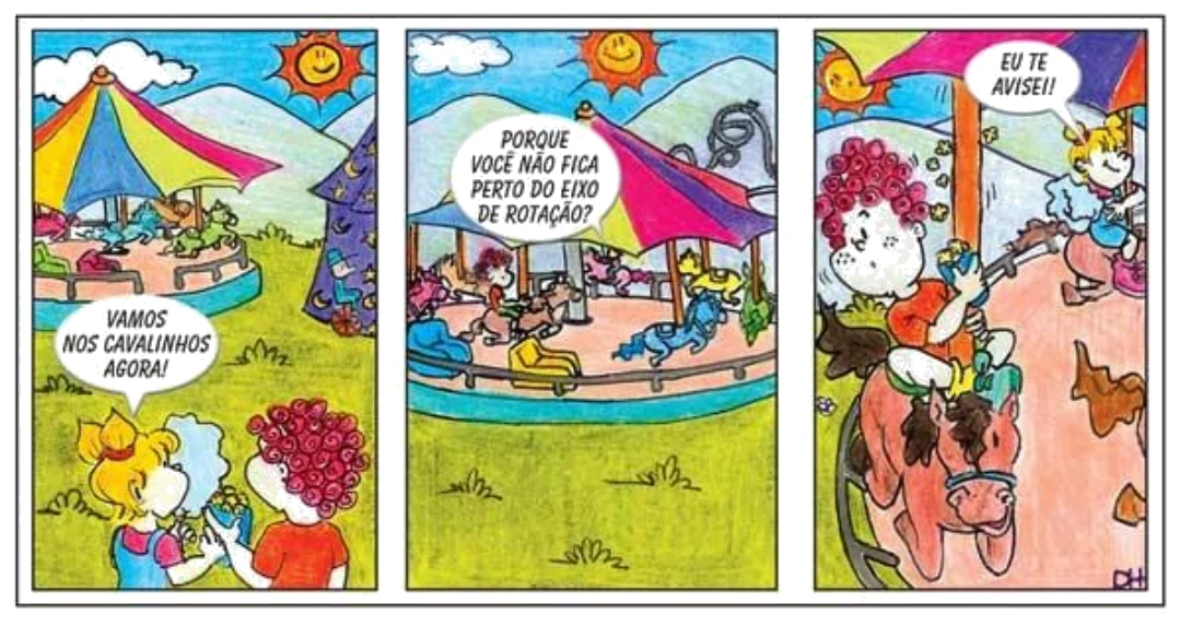 Tirinha em um parque de diversões: uma criança pergunta por que a outra não fica perto do eixo de rotação do carrossel — questão 57, UEG SAS 2008/1