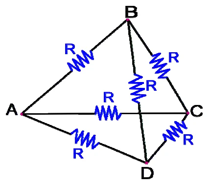 Pirâmide triangular com um resistor R em cada aresta, vértices A, B, C e D — questão 54, UEG SAS 2008/3
