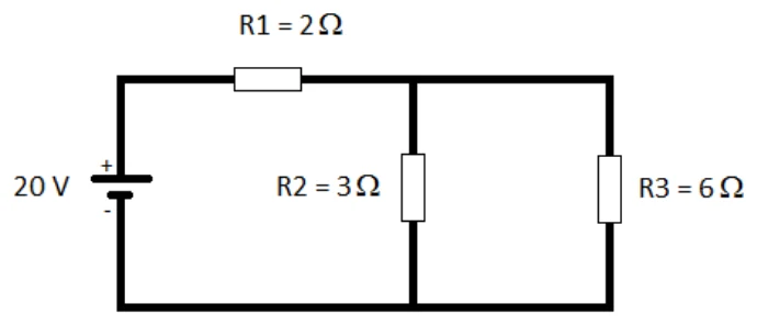 Circuito com bateria de 20 V, R1 = 2 Ω em série e R2 = 3 Ω em paralelo com R3 = 6 Ω — questão 27, UEG SAS 2014/3