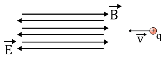 Linhas de campo elétrico (E, para a esquerda) e magnético (B, para a direita) e partícula positiva com velocidade v para a esquerda — questão 28, UEG SAS 2014/3
