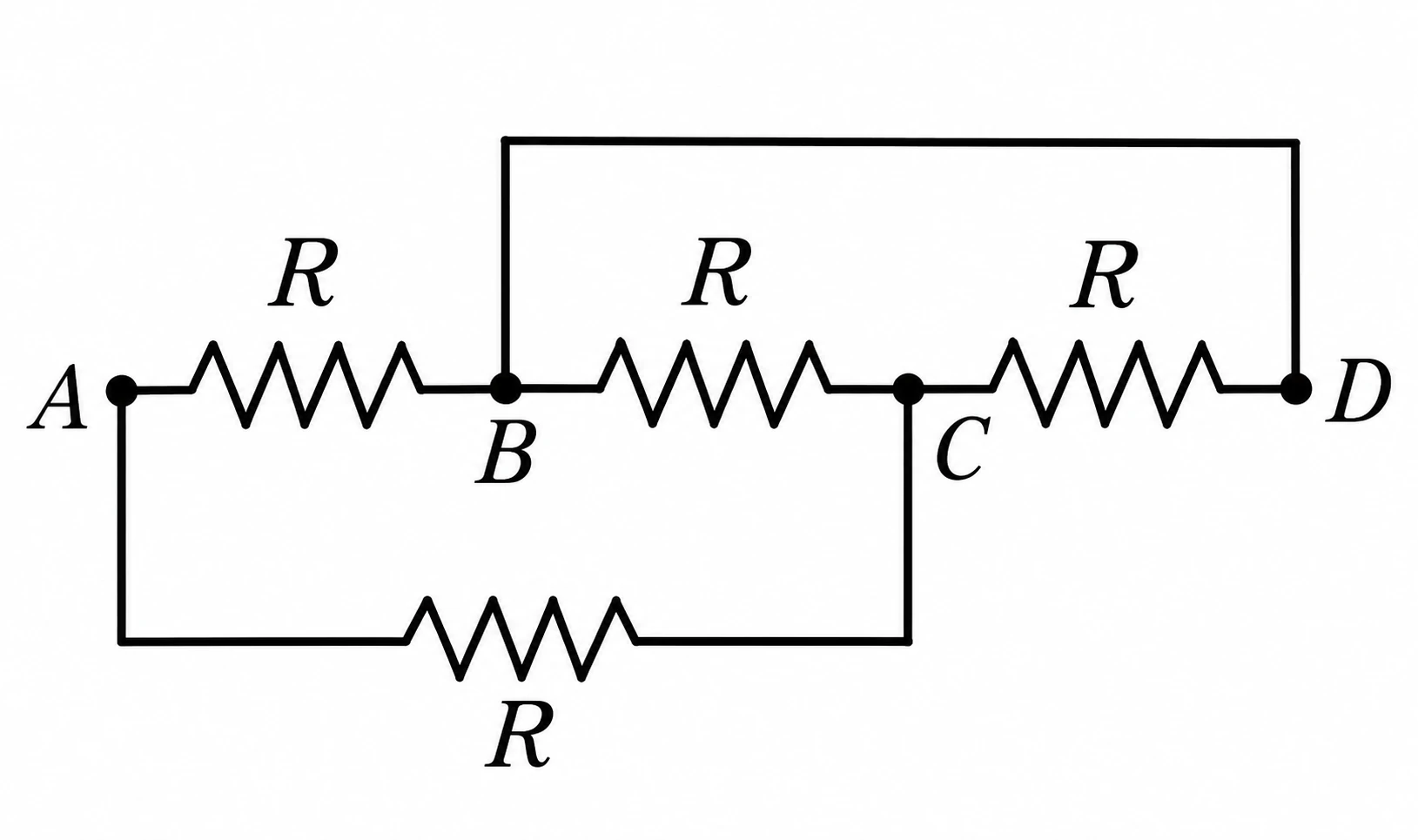 Associação de quatro resistores idênticos R entre os pontos A, B, C e D