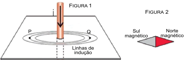 Figura 1: fio vertical com corrente para baixo atravessando uma folha horizontal, com linhas de indução circulares e os pontos P e Q. Figura 2: agulha magnética com o polo Sul em cinza e o polo Norte em vermelho
