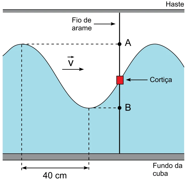 Onda na superfície da água com a cortiça no fio de arame; A está na altura da crista, B na altura do vale; 40 cm separam a crista do vale