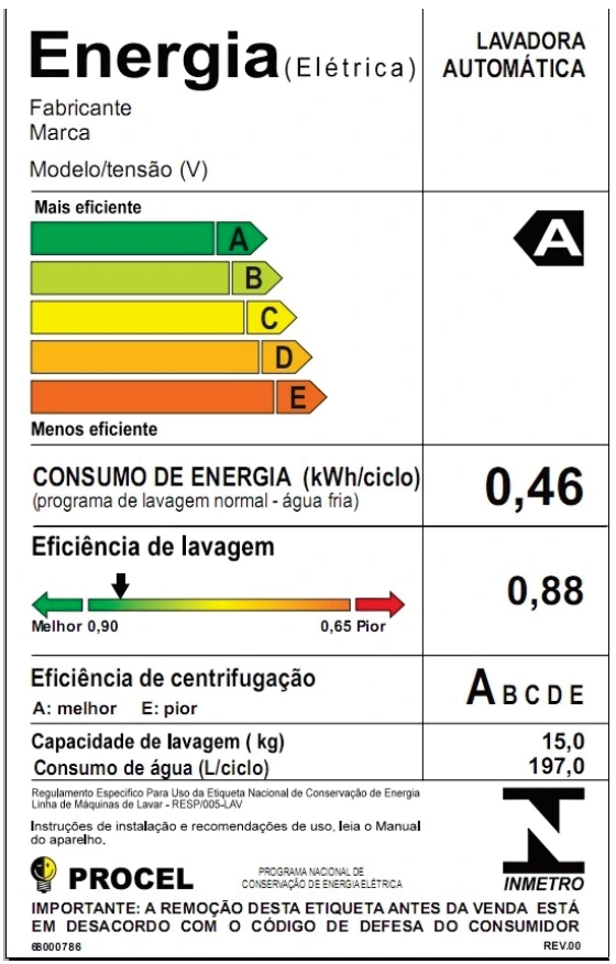 Etiqueta de máquina de lavar: capacidade de 15 kg, consumo elétrico de 0,46 kWh por ciclo e consumo de água de 197 litros por ciclo.