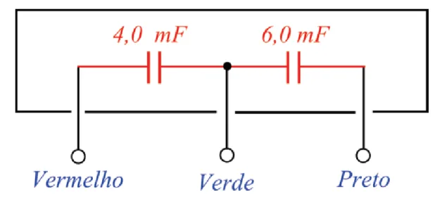 Circuito com capacitores $C_1=4{,}0$ mF e $C_2=6{,}0$ mF e tr&ecirc;s terminais