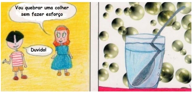Tirinha: uma pessoa diz Vou quebrar uma colher sem fazer esforço; outra responde Duvido! A imagem seguinte mostra a colher parcialmente imersa que parece quebrada na interface do líquido.