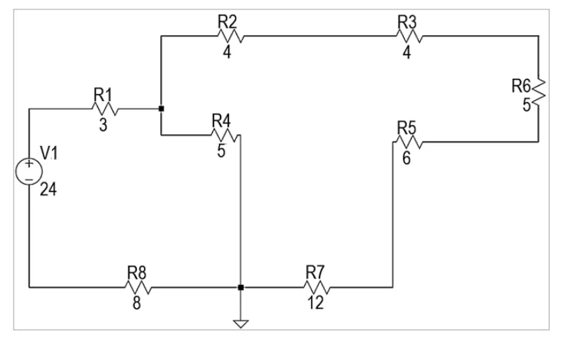 Circuito el&eacute;trico com resistores R1&ndash;R8 e fonte V1=24 V