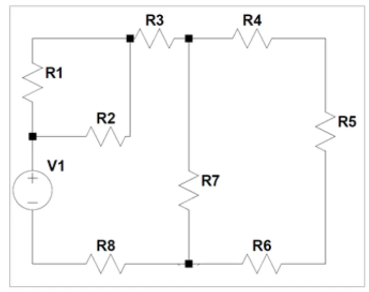 Circuito resistivo com 8 resistores e fonte de 48 V