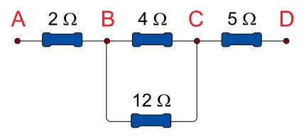 Circuito elétrico entre os pontos A, B, C e D