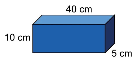 Bloco de alumínio em perspectiva, com arestas de 40 cm, 10 cm e 5 cm