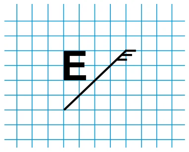 Malha quadriculada com a letra E, com a haste na vertical e os braços voltados para a direita, ao lado de um espelho plano representado por um segmento inclinado a 45°