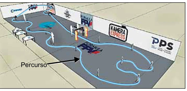 Pista de corrida de drones com obstáculos e um percurso sinuoso indicado por uma linha azul
