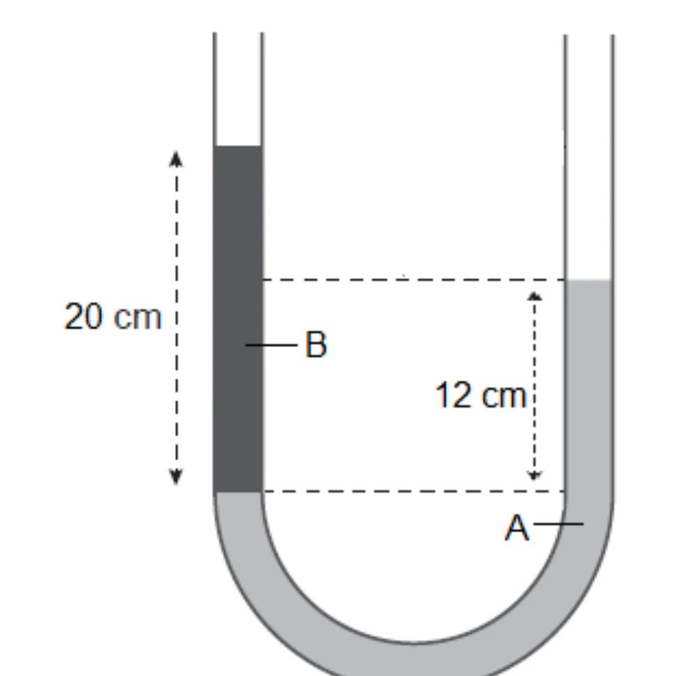 Tubo em U com coluna de líquido B de 20 cm e coluna de líquido A de 12 cm acima do mesmo nível de referência.