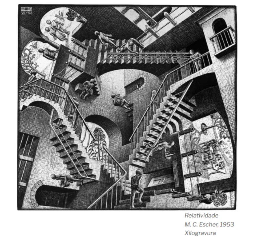 Reprodução presente na prova da obra Relatividade, de M. C. Escher, 1953.