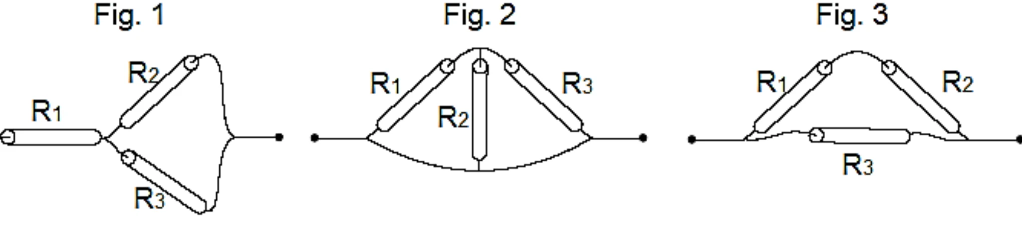 Três associações de resistores idênticos, identificadas como Fig. 1, Fig. 2 e Fig. 3.