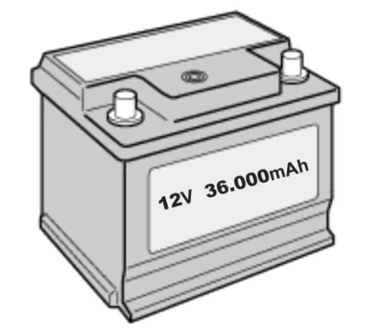 Bateria de 12 V com capacidade nominal de 36000 mAh.