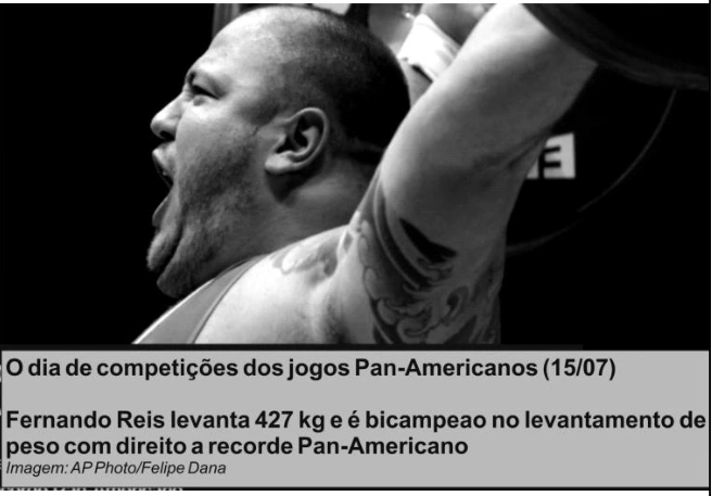 Fernando Reis levantando 427 kg, dado da legenda original.
