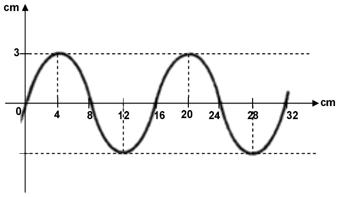 Gráfico de uma onda senoidal, com eixos em cm. A amplitude é 3 cm. Os máximos ficam em 4 cm e 20 cm, os mínimos em 12 cm e 28 cm, e a onda cruza o eixo em 0, 8, 16, 24 e 32 cm.