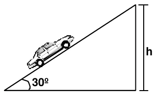 Triângulo retângulo que representa a ladeira: o carro sobe a hipotenusa, que forma 30 graus com a base. A altura do topo é h.