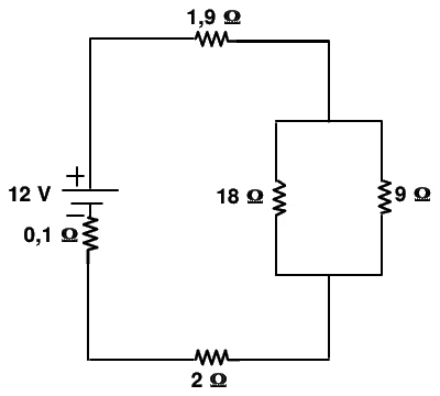 Circuito em malha. A bateria de 12 V, com resistência interna de 0,1 ohm, está em série com resistores de 1,9 ohm e de 2 ohms, e com a associação em paralelo dos resistores de 18 ohms e de 9 ohms.
