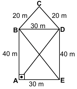 Figura com o ponto A no canto inferior esquerdo de um retângulo de 30 m por 40 m, com B acima de A, D acima de E e E à direita de A. Sobre BD há um triângulo com o vértice C e lados BC e CD de 20 m. As diagonais BE e AD se cruzam no interior do retângulo.