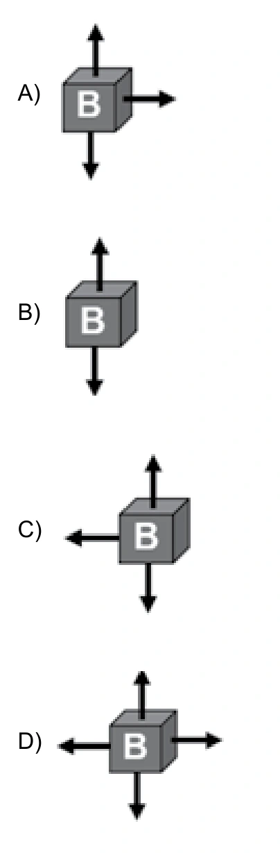Alternativas A a D com diagramas de forças atuando sobre o bloco B.