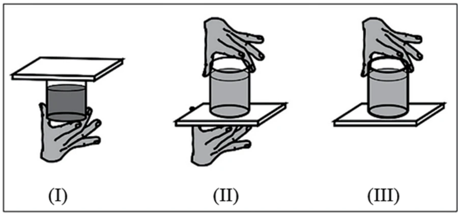 Experimento com copo cheio de água e cartolina: fechamento, inversão do copo e retirada da mão que sustentava a cartolina.