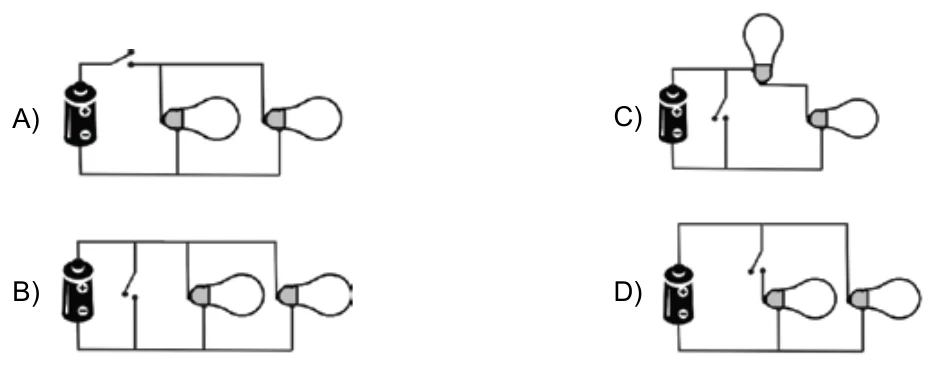 Alternativas A, B, C e D com circuitos contendo pilha, interruptor e duas lâmpadas.