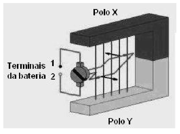 Motor com terminais um e dois, polo X acima e Y abaixo, espira e setas das forças.