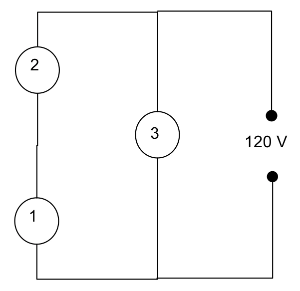 Lâmpadas um e dois em série, em paralelo com a lâmpada três, sob tensão de cento e vinte volts.