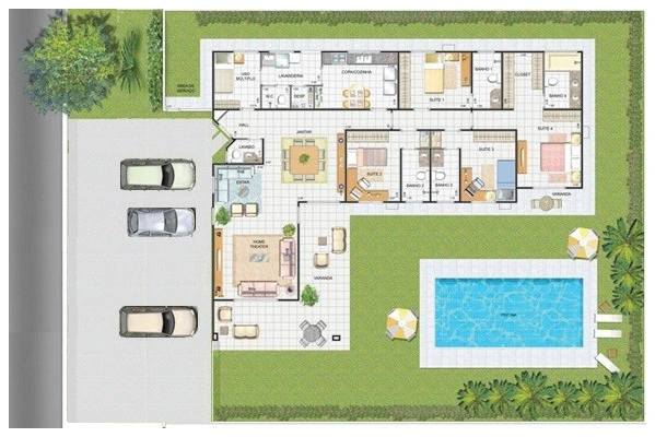 Planta baixa de residência com três carros de passeio estacionados