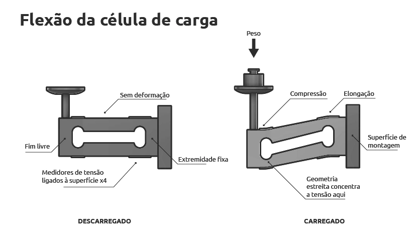 Flexão da célula de carga nas condições descarregada e carregada