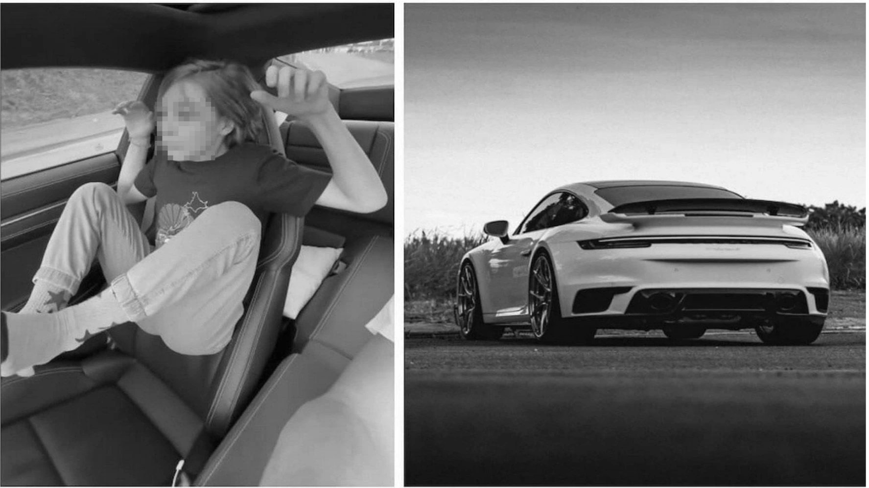 Imagens da reportagem: criança no banco do passageiro e Porsche 911 em movimento