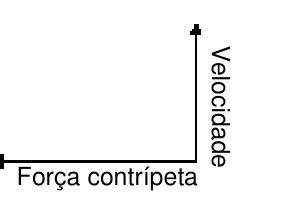 Velocidade para cima e força centrípeta para a esquerda.