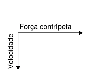 Velocidade para baixo e força centrípeta para a direita.