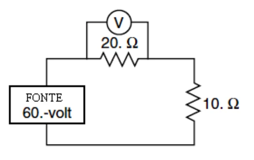 Fonte ideal de 60 V alimenta resistores de 20 Ω e 10 Ω em série; voltímetro em paralelo com o de 20 Ω.