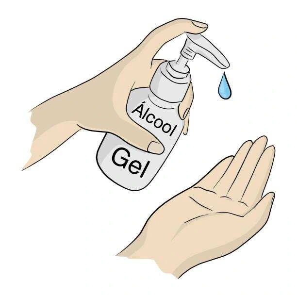Aplicação de álcool nas mãos.