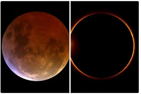 Eclipse lunar e eclipse solar anular ilustrados lado a lado.