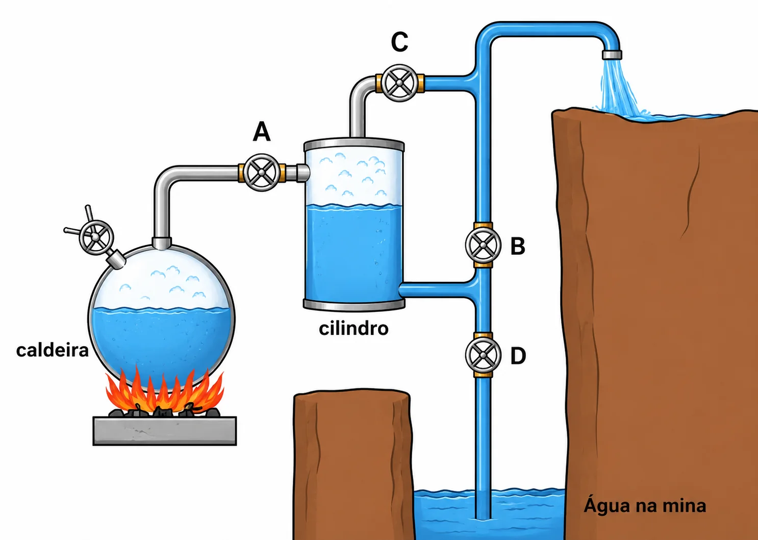 Ilustração esquemática da máquina a vapor de Savery