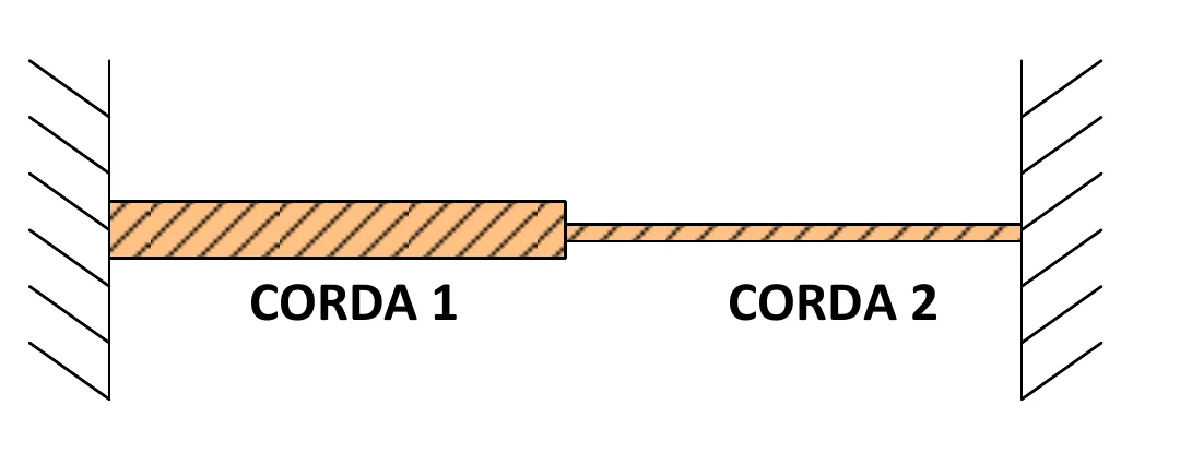 Duas cordas unidas e tensionadas, com a corda 1 mais espessa e a corda 2 mais fina, identificadas no desenho