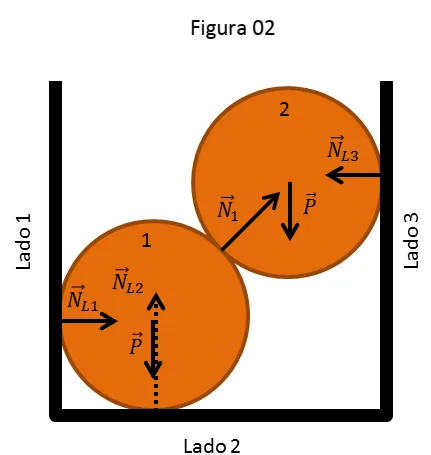 Figura 02: diagrama de forças nas laranjas 1 e 2 dentro da caixa