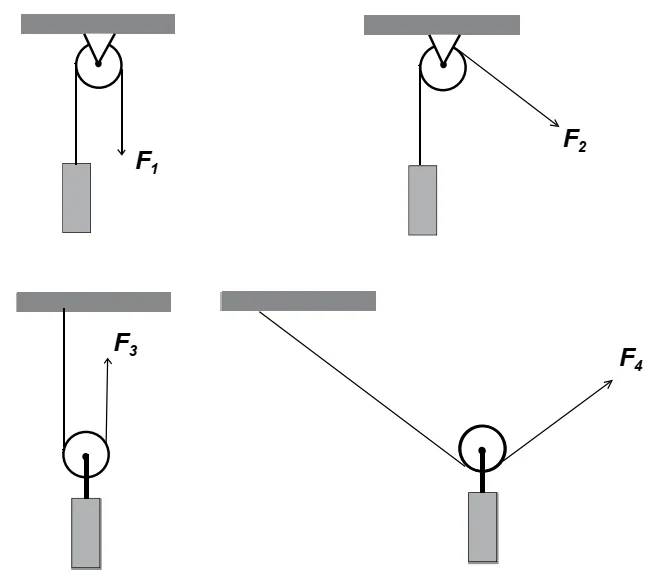 Quatro sistemas de roldanas: F1 e F2 são roldanas fixas (com cordas em direções diferentes); F3 é roldana móvel com cordas verticais; F4 é roldana móvel com cordas em V, inclinadas