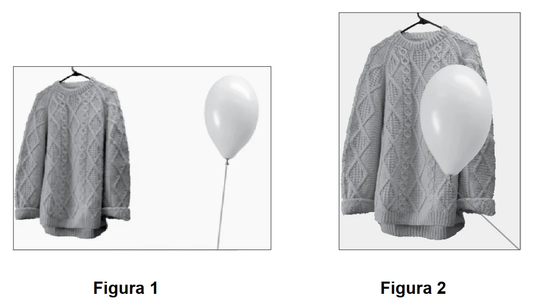 Figura 1: balão afastado da blusa de lã pendurada em um cabide, antes do atrito. Figura 2: balão grudado na blusa, depois de atritado